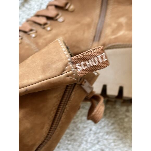 Revolve Schutz Xayane Lace Up Heeled Leather Combat Lug Boots Sz 9.5 Hazel Tan - Picture 4 of 12